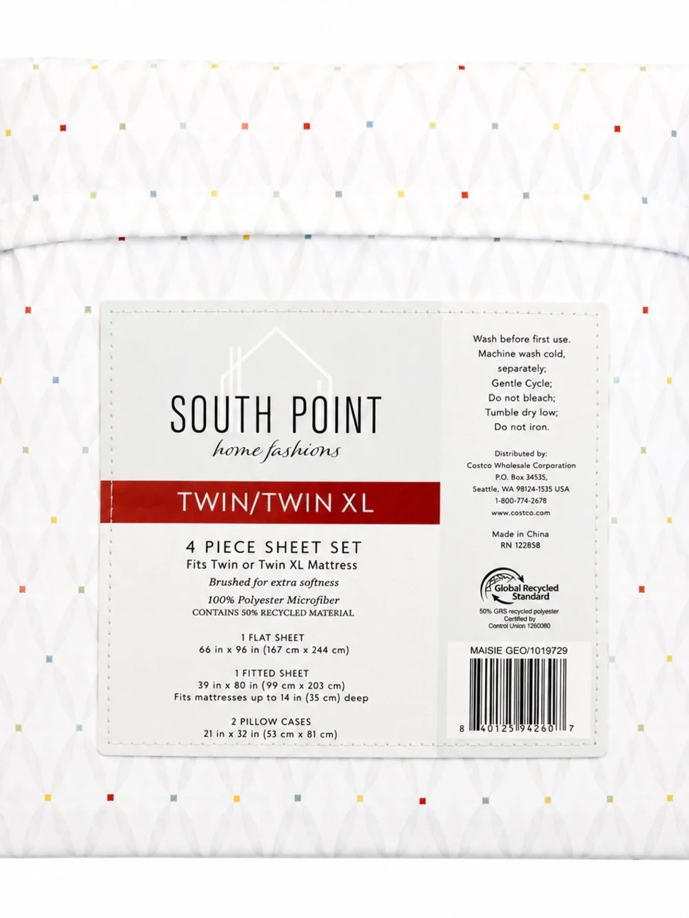 South Point Twin/Twin XL 4-Piece Sheet Set - White with Multicolor Dot Pattern